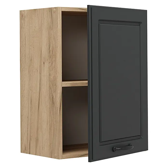 Vicco Schrankküche R-Line Anthrazit Landhaus - Anthrazit Landhaus, Hängeschrank 45 cm - Wandschrank in heller Holzoptik mit einer leicht geöffneten, anthrazitfarbenen Kassettentür, die Innenböden zeigt.