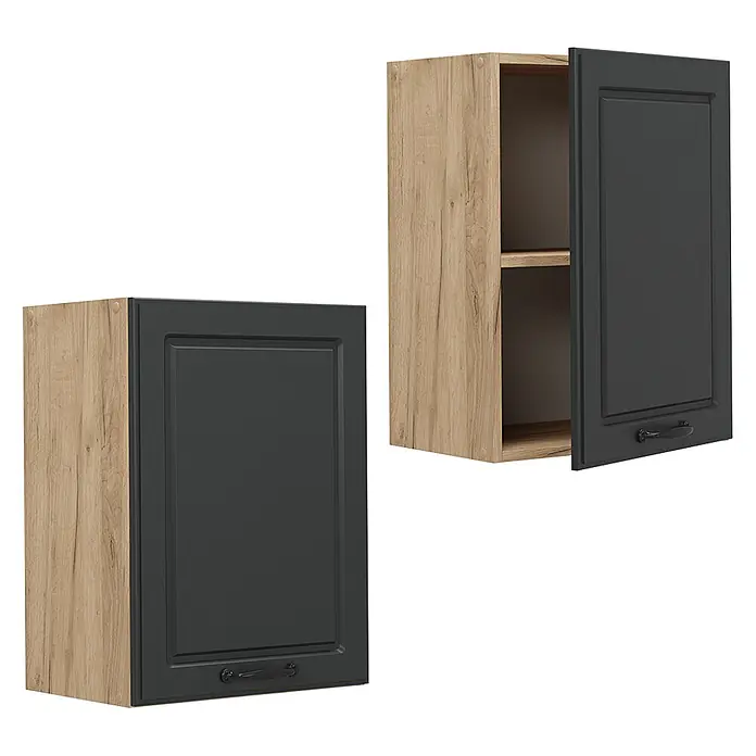 Vicco Schrankküche R-Line Anthrazit Landhaus - Anthrazit Landhaus, Hängeschrank 45 cm - Zwei Hängeschränke in Eiche-Optik mit anthrazitfarbenen Kassettentüren, einer offen mit Regal, der andere geschlossen.