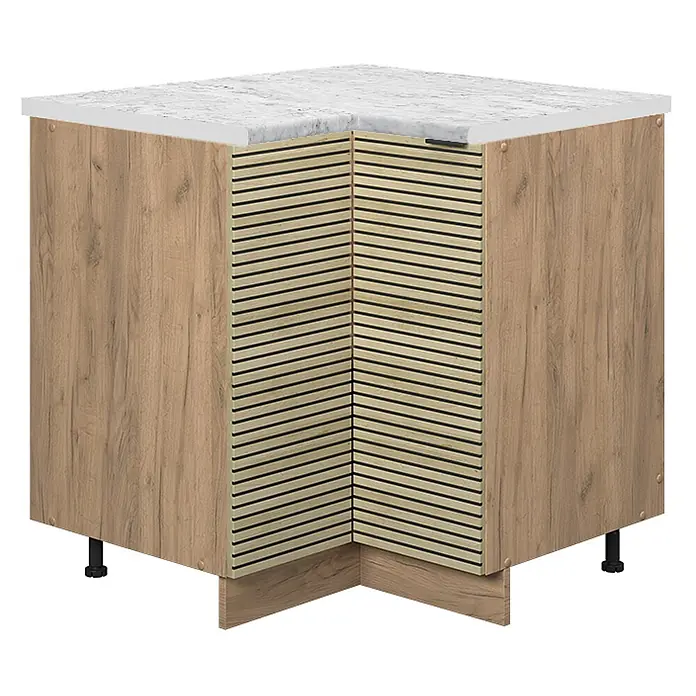 Vicco Schrankküche Fame-Line Eiche Paneel, AP Marmor - Eiche Paneel, Eckunterschrank, AP Marmor - Eckunterschrank mit hellen Holzmaserungsseiten, hellen Holzlamellentüren und weißer Marmoroptikplatte.