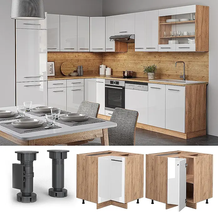 Vicco Schrankküche Fame-Line Weiß Hochglanz ohne Arbeitsplatte - Weiß Hochglanz, Eckunterschrank - Moderne Küche: weiße Hochglanzschränke, Holz-Arbeitsplatten/Spritzschutz, integrierte Geräte.