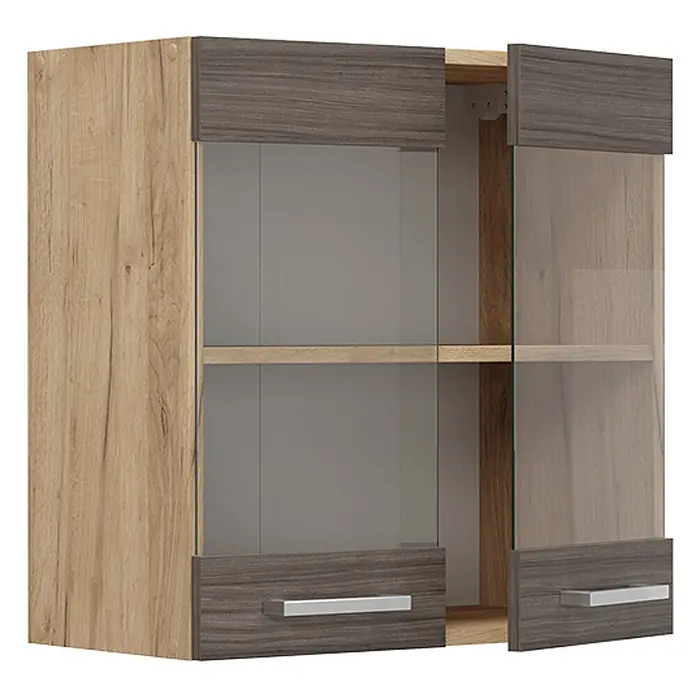 Vicco Schrankküche R-Line Edelgrau - Edelgrau, Hängeglasschrank 60 cm - Zweitüriger Hängeschrank mit hellem Holzoptik-Rahmen, dunklen Holzoptik-Paneelen oben und unten, Glasfronten und silbernen Griffen.