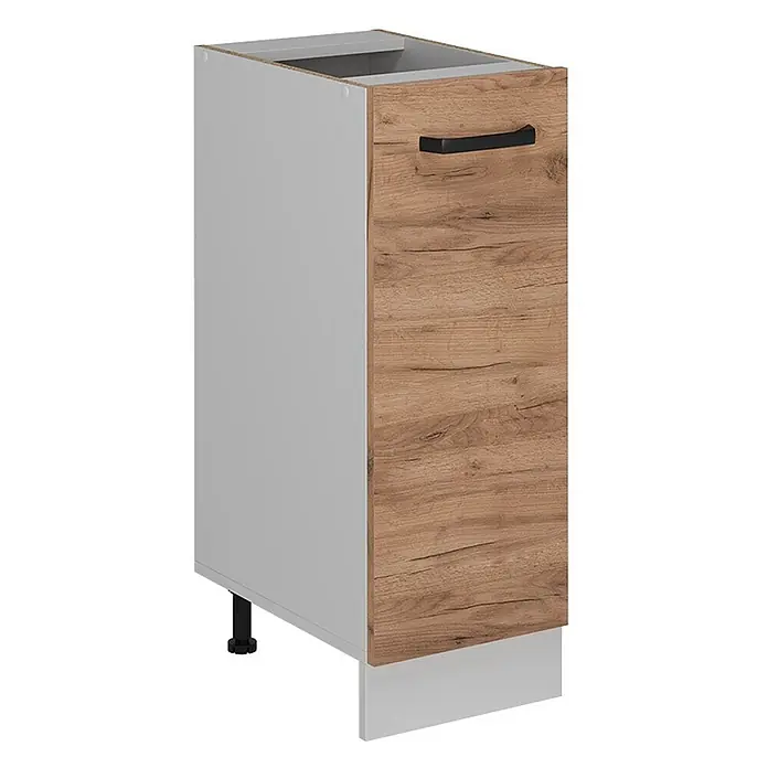 Vicco Schrankküche R-Line Goldkraft Eiche ohne Arbeitsplatte - Goldkraft Eiche, Apothekerunterschrank 30 cm - Weißer Küchenunterschrank mit heller Holzoptik-Tür, schwarzem Griff und verstellbaren Füßen.