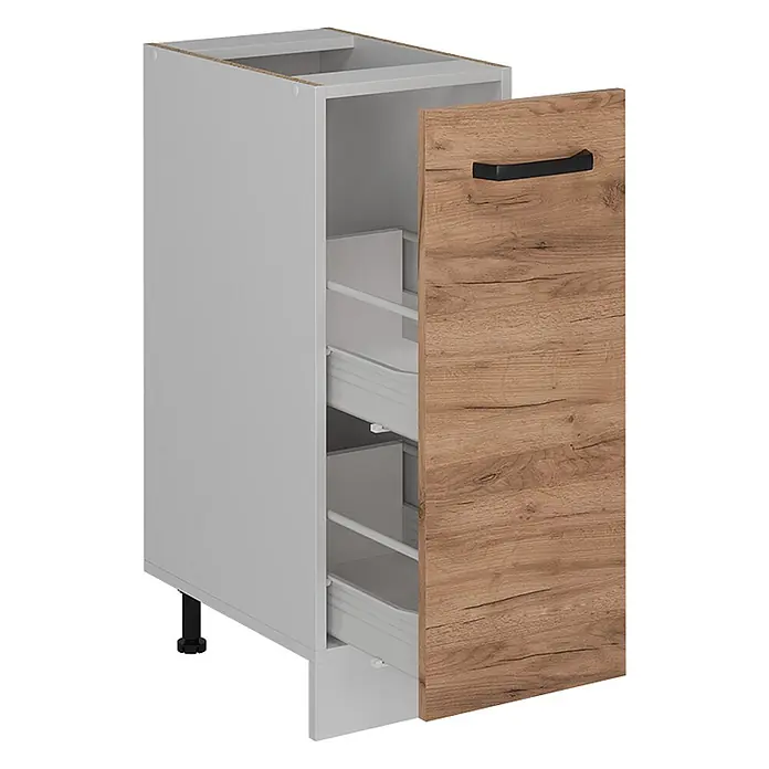 Vicco Schrankküche R-Line Goldkraft Eiche ohne Arbeitsplatte - Goldkraft Eiche, Apothekerunterschrank 30 cm - Heller grauer Küchenunterschrank mit rustikaler Holzoptik-Auszugstür und schwarzem Griff. Innenschubladen sichtbar.