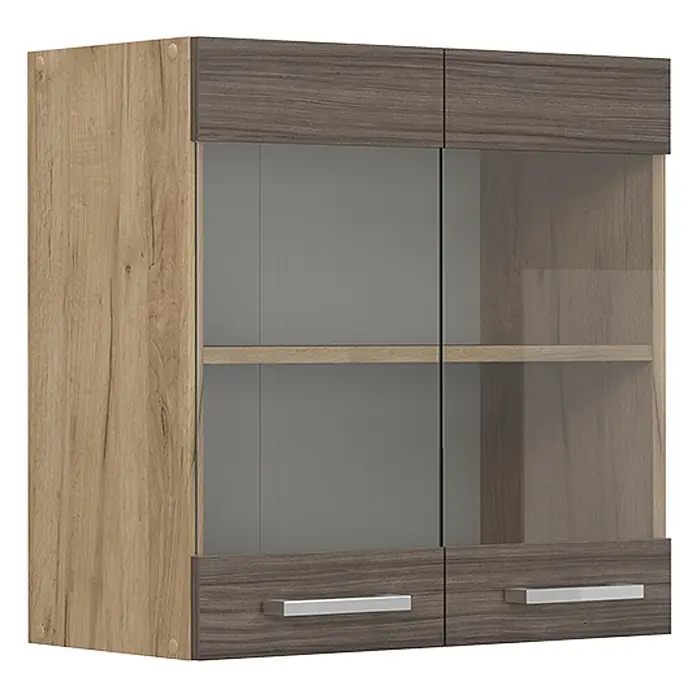 Vicco Schrankküche R-Line Edelgrau - Edelgrau, Hängeglasschrank 60 cm - Zweifarbiger Hängeschrank aus hellem und dunklem Holz mit zwei Glastüren und zwei Schubladen mit silbernen Griffen.