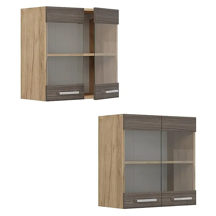 Vicco Schrankküche R-Line Edelgrau - Edelgrau, Hängeglasschrank 60 cm - Zweifarbige Hängedisplayvitrine in heller und dunkler Holzoptik mit Glastüren und silbernen Griffen.
