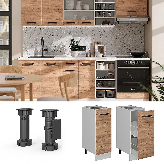 Vicco Schrankküche R-Line Goldkraft Eiche ohne Arbeitsplatte - Goldkraft Eiche, Apothekerunterschrank 30 cm - Moderne Küche mit Holzoptikschränken, Ofen und Spüle. Zusätzliche Bilder zeigen verstellbare Schrankfüße und einen schmalen Auszugsschrank.