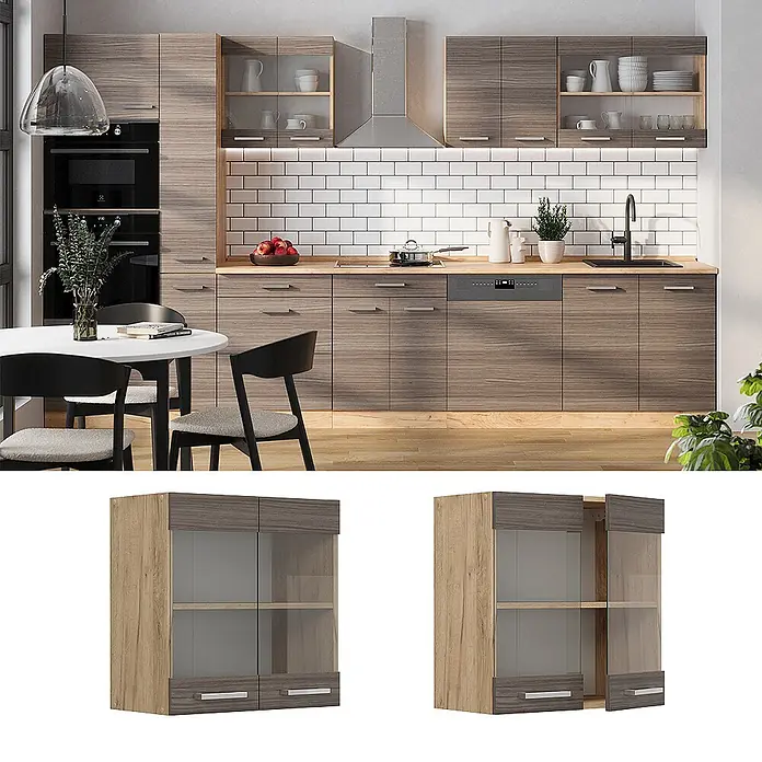 Vicco Schrankküche R-Line Edelgrau - Edelgrau, Hängeglasschrank 60 cm - Küchenhängeschrank mit zweifarbigem Holzdekor, Glastüren und zwei kleinen Unterschubladen.
