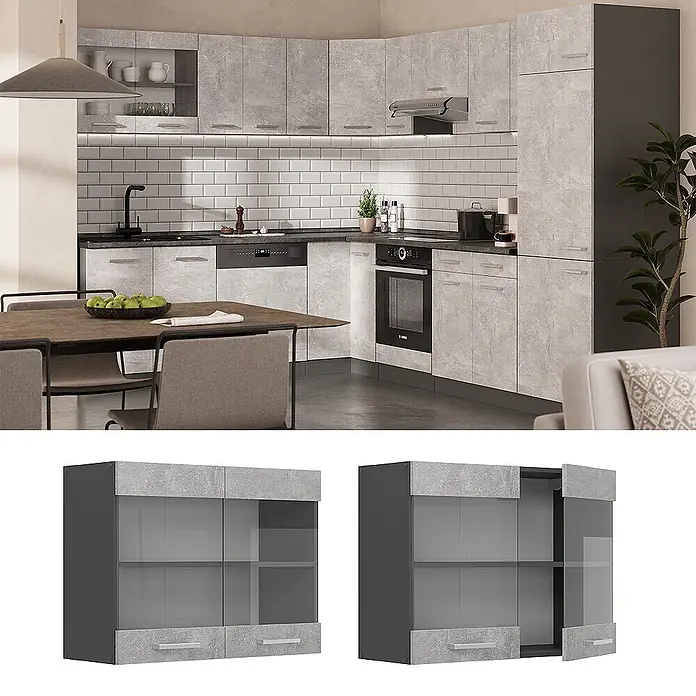 Vicco Schrankküche R-Line Beton - Beton, Hängeglasschrank 80 cm - Moderner Wandhängeschrank in Betonoptik hellgrau mit Glastüren, integriert in eine komplette Küche.