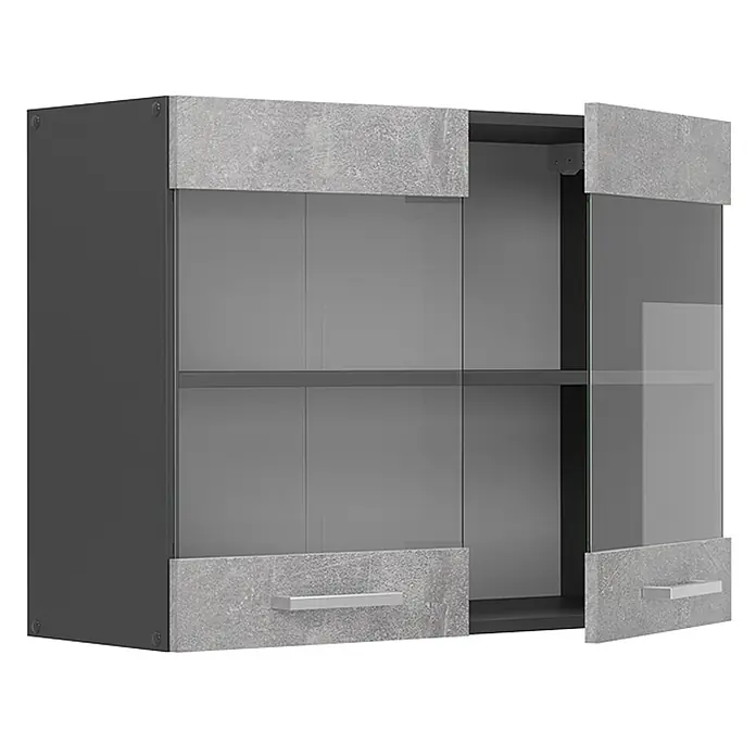Vicco Schrankküche R-Line Beton - Beton, Hängeglasschrank 80 cm - Anthrazitfarbener Hängeschrank mit Glastüren, Betonoptik-Akzenten und Metallgriffen, rechte Tür offen mit Regal.