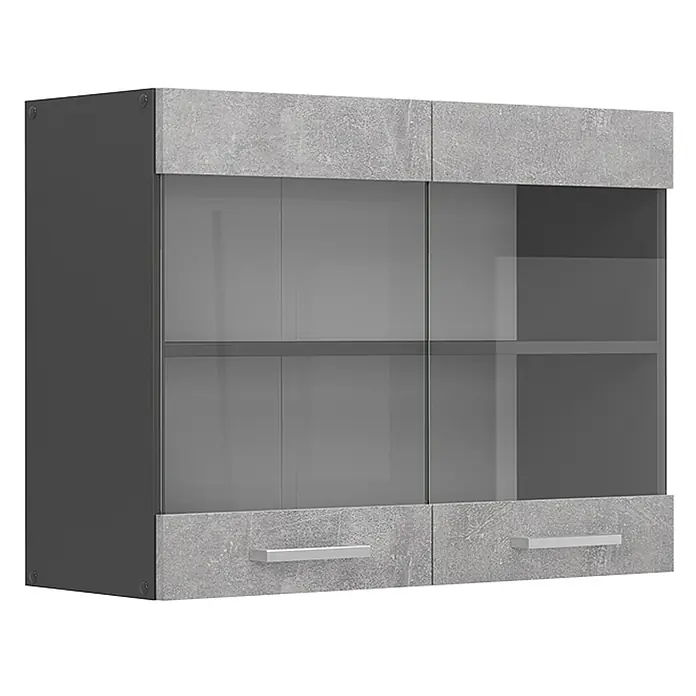 Vicco Schrankküche R-Line Beton - Beton, Hängeglasschrank 80 cm - Grau-dunkelgrauer Hängeschrank mit Beton-Effektplatten, zwei Glastüren und zwei Schubladen mit silbernen Griffen.
