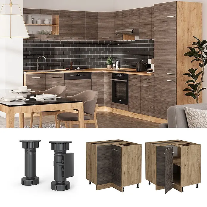 Vicco Schrankküche R-Line Edelgrau, AP Anthrazit - Edelgrau, Eckunterschrank, AP Anthrazit - Moderne L-Küche mit dunklen Holzmaserungsschränken, hellen Arbeitsplatten und dunklem Fliesenspiegel. Inklusive verstellbarer Beine und Eckunterschränke.