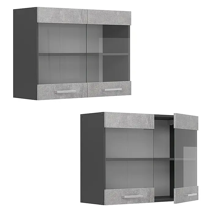 Vicco Schrankküche R-Line Beton - Beton, Hängeglasschrank 80 cm - Moderner Hängeschrank mit dunkelgrauem Korpus, Glastüren und grauen Betonoptik-Akzenten, geschlossen und geöffnet dargestellt.