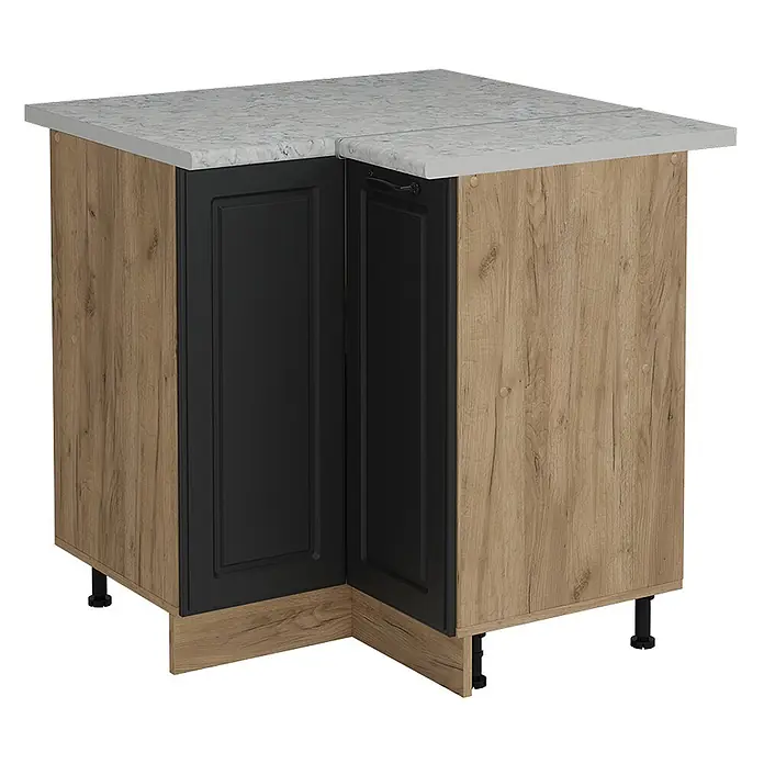 Vicco Schrankküche R-Line Anthrazit Landhaus AP Marmor - Breite: 75,6 cm, Anthrazit Landhaus, Eckunterschrank - Eckküchenschrank in heller Holzoptik mit schwarzen Türen und Marmor-Arbeitsplatte.