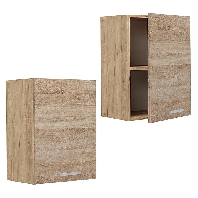 Vicco Schrankküche R-Line Sonoma - Sonoma, Hängeschrank 45 cm - Wandschrank in heller Holzoptik, einer geschlossen, einer offen mit Regal.