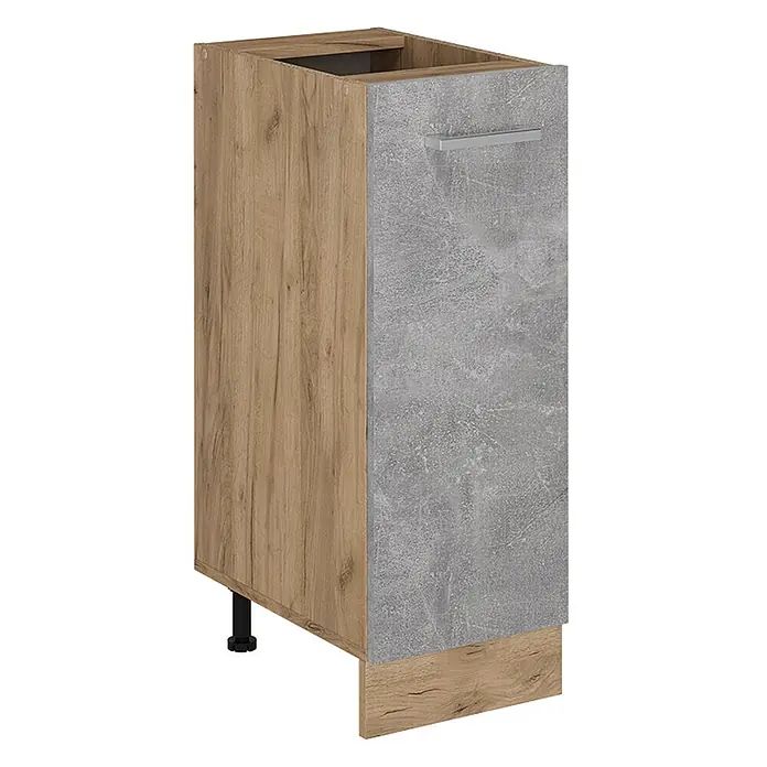 Vicco Schrankküche R-Line Beton ohne Arbeitsplatte - Beton, Apothekerunterschrank 30 cm - Küchenunterschrank mit Holzoptik-Seiten und Betonoptik-Front, inklusive silbernem Griff.