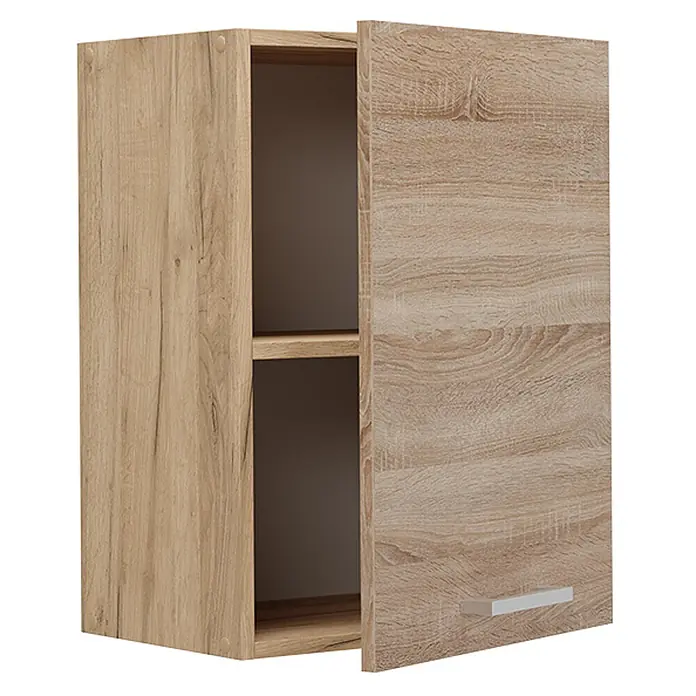 Vicco Schrankküche R-Line Sonoma - Sonoma, Hängeschrank 45 cm - Hängeschrank in heller Eiche-Optik mit teilweise geöffneter Tür, der zwei Innenregale und einen silbernen Griff zeigt.