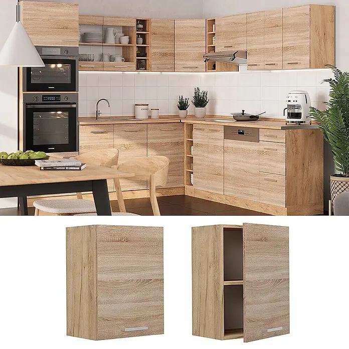 Vicco Schrankküche R-Line Sonoma - Sonoma, Hängeschrank 45 cm - Moderne Küche mit hellen Holzmaserungsschränken und integrierten Geräten.