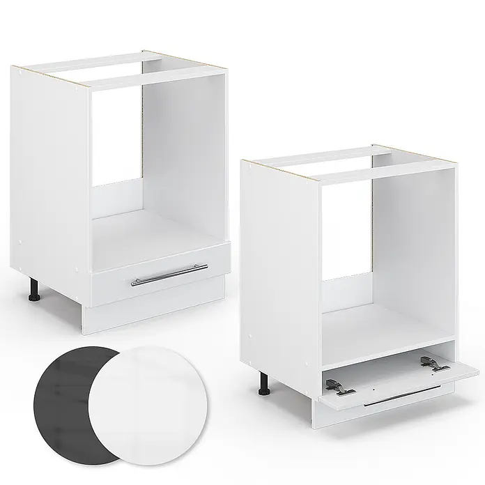 Vicco Schrankküche Fame-Line Weiß Hochglanz, AP Anthrazit - Weiß Hochglanz, Herdumbauschrank 60 cm, AP Anthrazit - Zwei weiße Küchenunterschränke mit Schublade und Klappe, offener Fach für Gerät, inkl. Farbmuster.
