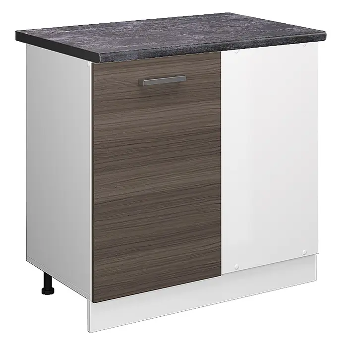 Vicco Schrankküche R-Line Edelgrau, AP Anthrazit - Edelgrau, Eckunterschrank 86 cm, AP Anthrazit - Moderner Küchenunterschrank mit dunkelgrauer Arbeitsplatte, weißen und Holzmaserungstüren und einem silbernen Griff.