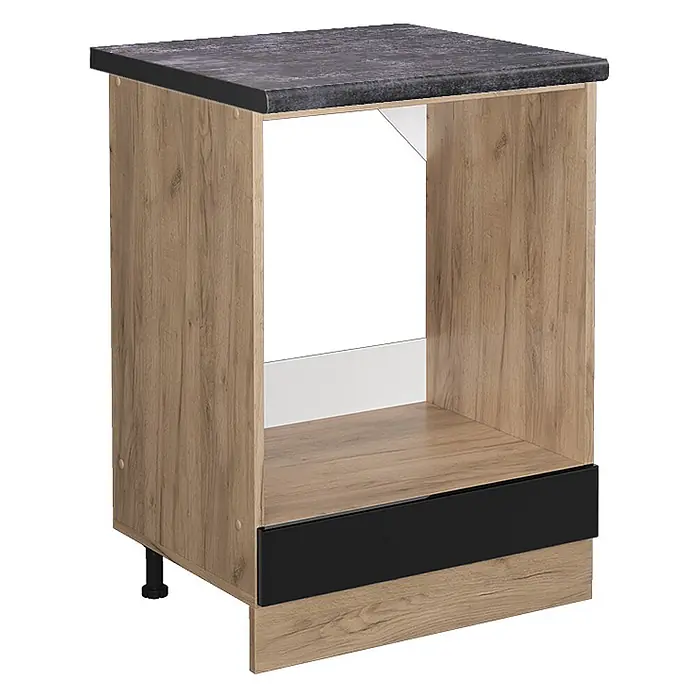 Vicco Herdumbauschrank R-Line, Schwarz Hochglanz, 60 cm -  - Küchenunterschrank: helle Holzmaserung, dunkle Arbeitsplatte, offenes Gerätefach, schwarze Blende.