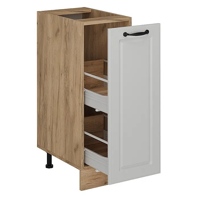 Vicco Schrankküche R-Line Weiß Landhaus ohne Arbeitsplatte - Weiß Landhaus, Apothekerunterschrank 30 cm - Unterschrank in Eichenoptik mit hellgrauer Auszugstür, Innenablagen und schwarzem Griff. Mit verstellbaren Füßen.
