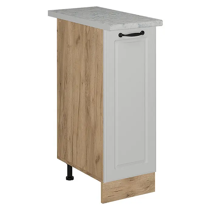 Vicco Schrankküche R-Line Weiß Landhaus AP Marmor - Weiß Landhaus, Apothekerunterschrank 30 cm, AP Marmor - Hölzerner Küchenunterschrank mit weißer Kassettentür, schwarzem Griff und heller Arbeitsplatte in Marmoroptik.