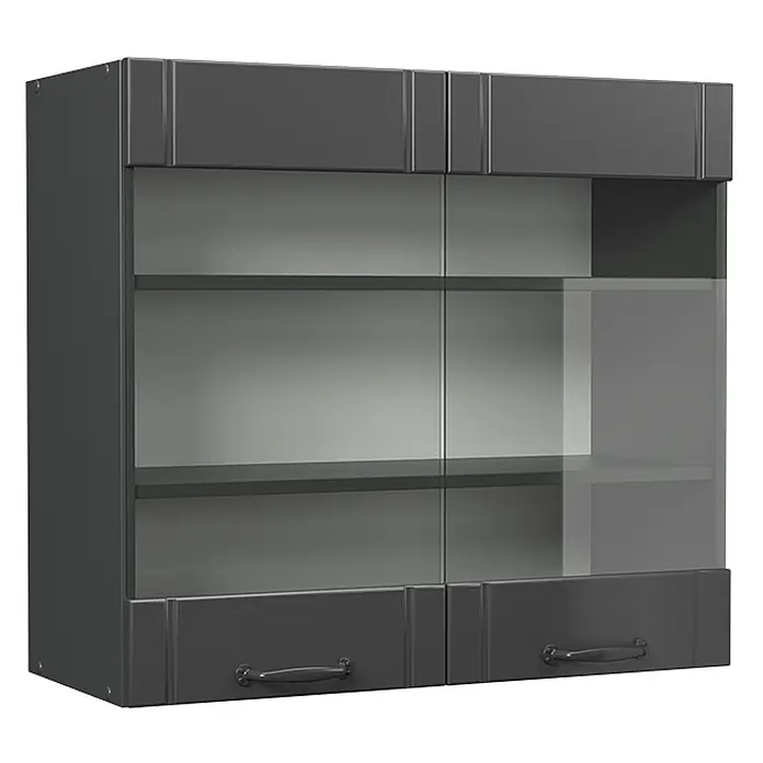 Vicco Schrankküche Fame-Line Dunkelgrau - Dunkelgrau, Hängeglasschrank 80 cm - Dunkelgrauer Wandschrank mit oberen geschlossenen Türen, mittigen Glastüren mit Regalböden und unteren geschlossenen Türen mit Griffen.