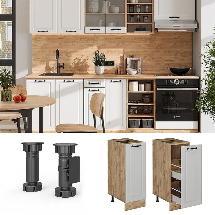 Vicco Schrankküche R-Line Weiß Landhaus ohne Arbeitsplatte - Weiß Landhaus, Apothekerunterschrank 30 cm - Schmaler Küchenunterschrank zum Ausziehen in Weiß und Holzoptik mit verstellbaren schwarzen Füßen.