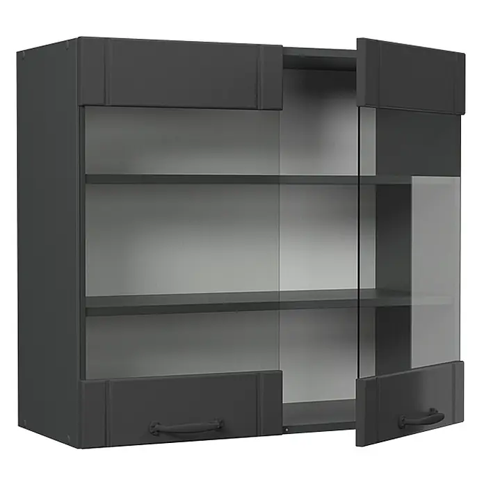 Vicco Schrankküche Fame-Line Dunkelgrau - Dunkelgrau, Hängeglasschrank 80 cm - Dunkelgrauer Wandschrank mit Glastüren und Schubladen. Eine Glastür ist leicht geöffnet und zeigt die Innenablagen.
