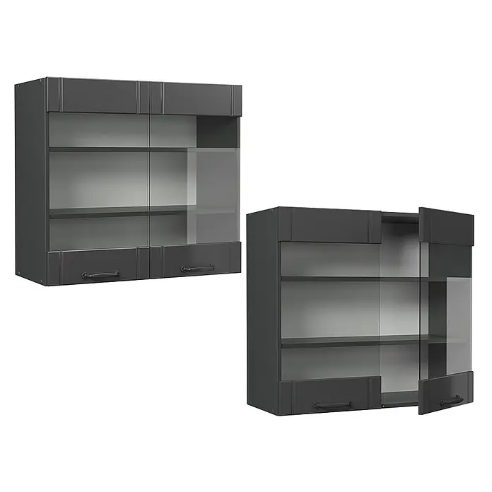 Vicco Schrankküche Fame-Line Dunkelgrau - Dunkelgrau, Hängeglasschrank 80 cm - Zwei dunkelgraue Hängeschränke mit Glastüren und kleinen Bodenschubladen, einer offen und einer geschlossen.