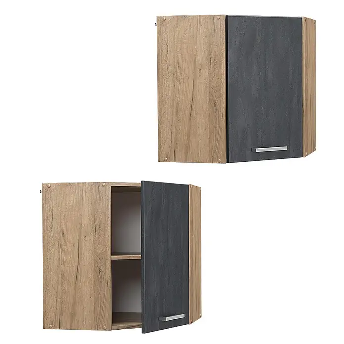 Vicco Eckhängeschrank R-Line, Schwarz Beton, 57 cm -  - Eckhängeschrank mit Holzeffekt- und dunkelgrauen Türen. Eine Tür ist geöffnet, zeigt zwei Fächer.