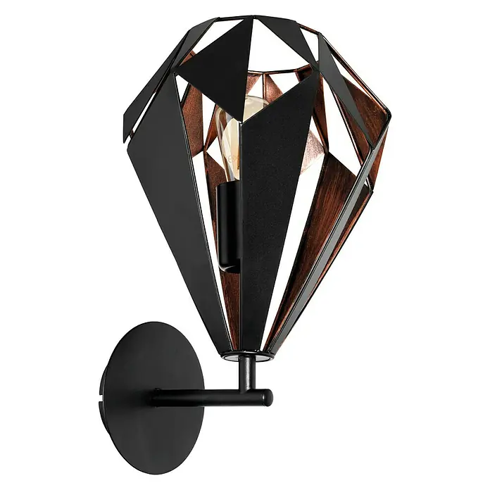 Eglo Carlton 1 Aplique de pared - 60 W, L x An x Al: 20,5 x 22 x 33 cm, Marrón antiguo, E27 - Lámpara de pared moderna con una pantalla geométrica en forma de diamante en negro y aspecto cobre.