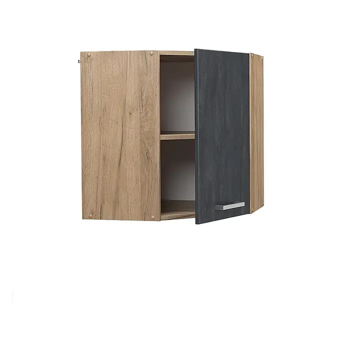 Vicco Eckhängeschrank R-Line, Schwarz Beton, 57 cm -  - Zweifarbiger Wandschrank mit hellem Holzdekor und dunkelgrauer Tür, teilweise geöffnet mit Einlegeboden und silbernem Griff.