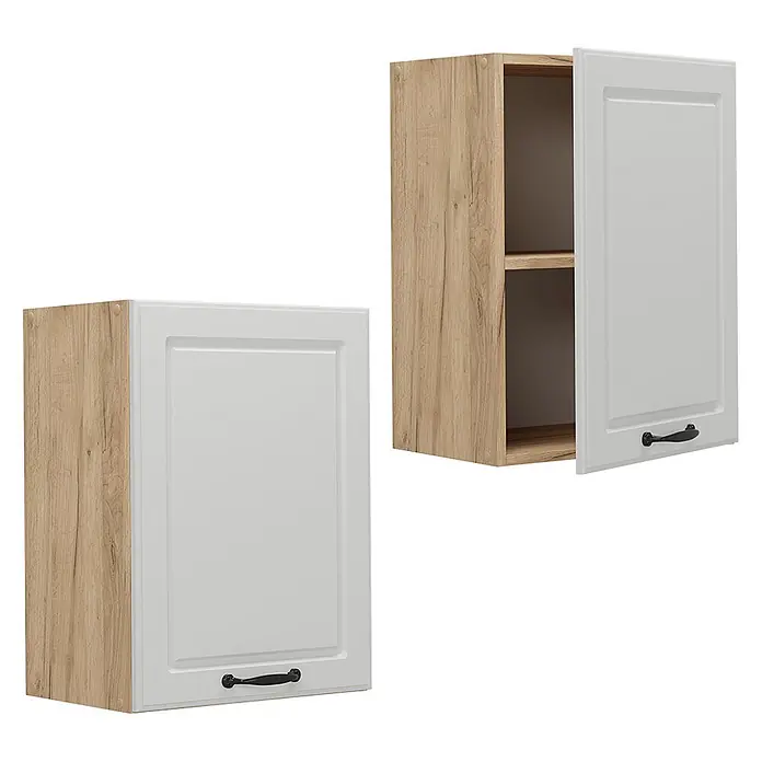 Vicco Schrankküche R-Line Weiß Landhaus - Weiß Landhaus, Hängeschrank 45 cm - Zwei Hängeschränke: einer geschlossen, einer offen, mit heller Holzoptik, weißen Kassettentüren und schwarzen Griffen, Innenregal sichtbar.