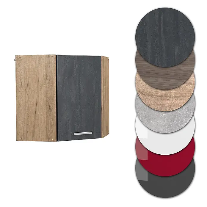 Vicco Eckhängeschrank R-Line, Schwarz Beton, 57 cm -  - Zweitüriger Hängeschrank in heller Holz- und dunkelgrauer Optik, dazu diverse Material-/Farbmuster.