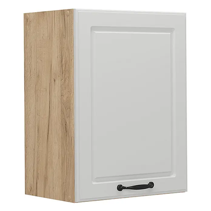 Vicco Schrankküche R-Line Weiß Landhaus - Weiß Landhaus, Hängeschrank 45 cm - Wandschrank mit heller Holzoptik-Seite und weißer Kassettentür mit schwarzem Griff.