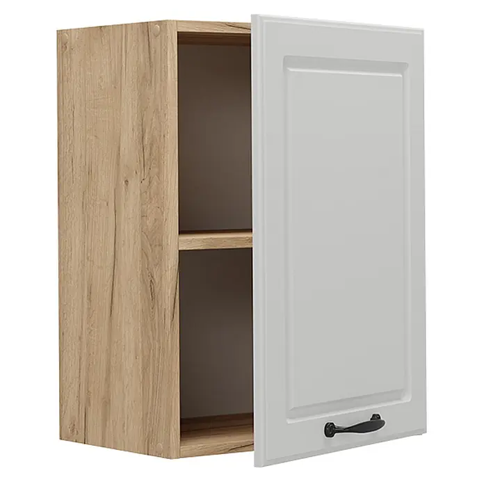Vicco Schrankküche R-Line Weiß Landhaus - Weiß Landhaus, Hängeschrank 45 cm - Hängeschrank mit hellem Holzdekor und weißer Kassettentür, leicht geöffnet, zeigt zwei Regalböden. Mit schwarzem Griff.