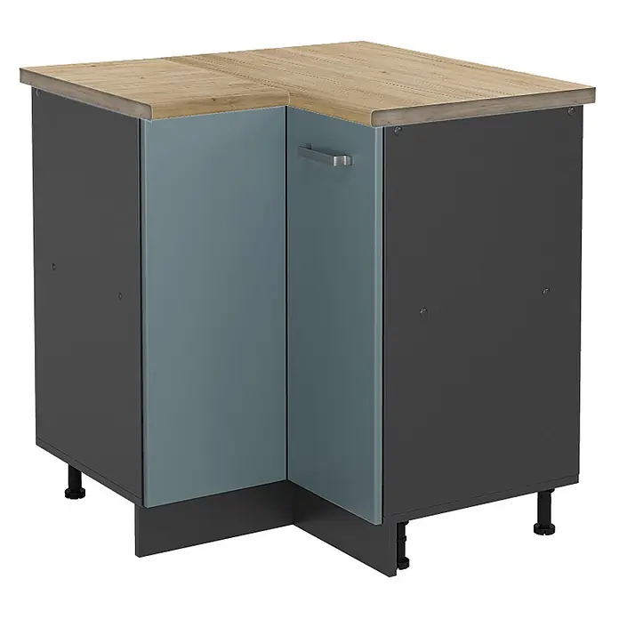 Vicco Schrankküche R-Line Blau-Grau, AP Eiche - Blau-Grau, Eckunterschrank, AP Eiche - Eck-Küchenunterschrank mit heller Holzplatte, dunkelgrauem Korpus und zwei hellblauen Türen mit silbernem Griff.