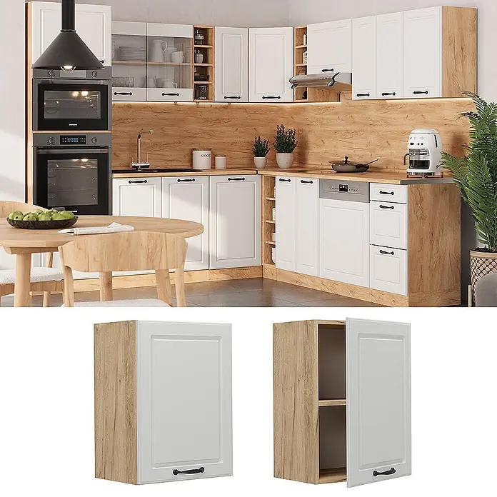 Vicco Schrankküche R-Line Weiß Landhaus - Weiß Landhaus, Hängeschrank 45 cm - Weißer Küchenschrank mit Holzdekorrahmen und schwarzem Griff in moderner Küche, geschlossen und offen gezeigt.