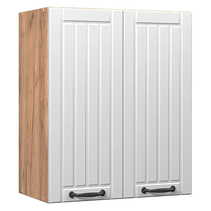 Vicco Schrankküche Fame-Line Weiß Landhaus - Weiß Landhaus, Hängeschrank 60 cm - Weißer Küchenhängeschrank mit zwei Paneeltüren und dunklen Griffen, mit heller Holzmaserung an der Seite.