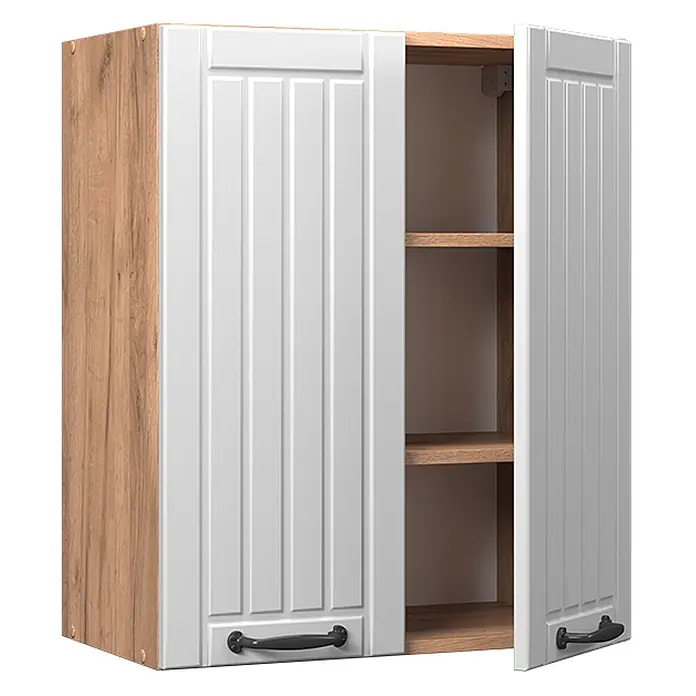 Vicco Schrankküche Fame-Line Weiß Landhaus - Weiß Landhaus, Hängeschrank 60 cm - Zweitüriger Hängeschrank mit Holzoptik-Seiten, weißen Kassettentüren und schwarzen Griffen. Eine Tür ist offen, zeigt zwei Einlegeböden.