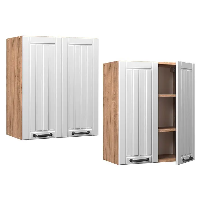 Vicco Schrankküche Fame-Line Weiß Landhaus - Weiß Landhaus, Hängeschrank 60 cm - Satz von zwei Küchenoberschränken mit weißen Kassettentüren, hellen Holzmaserungsseiten und schwarzen Griffen. Ein Schrank ist offen und zeigt Innenregale.
