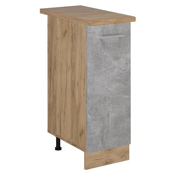 Vicco Schrankküche R-Line Beton, AP Eiche - Beton, Apothekerunterschrank 30 cm, AP Eiche - Küchenunterschrank in Holz- und Betonoptik mit silbernem Griff und verstellbarem Fuß.