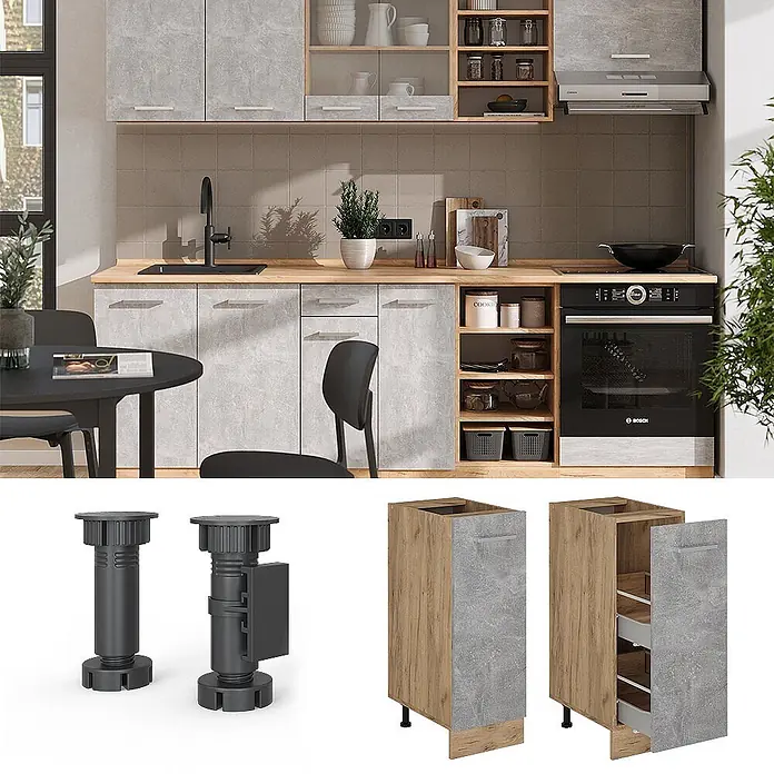 Vicco Schrankküche R-Line Beton, AP Eiche - Beton, Apothekerunterschrank 30 cm, AP Eiche - Betonoptik-Küchenschränke mit Holz Akzenten, inklusive verstellbaren Füßen und einem schmalen Auszugsschrank.