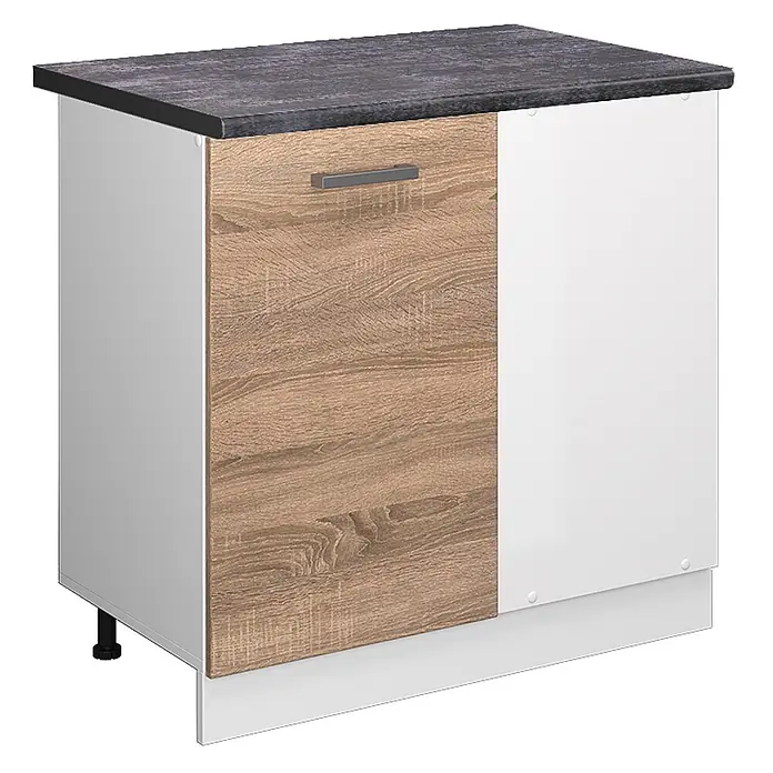 Vicco Schrankküche R-Line Sonoma, AP Anthrazit - Sonoma, Eckunterschrank 86 cm, AP Anthrazit - Weißer Küchenunterschrank mit dunkelgrauer Arbeitsplatte, Holztür und Metallgriff, inklusive weißem Sockel.