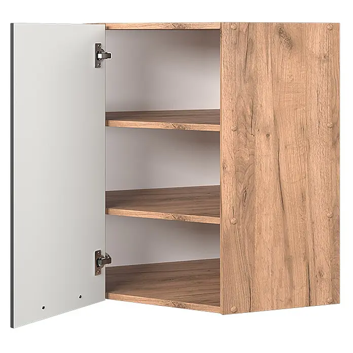 Vicco Schrankküche Fame-Line Dunkelgrau - Dunkelgrau, Eckhängeschrank 57 cm - Wandschrank mit offener weißer Tür und hellem Holz-Effekt Korpus und Regalböden.