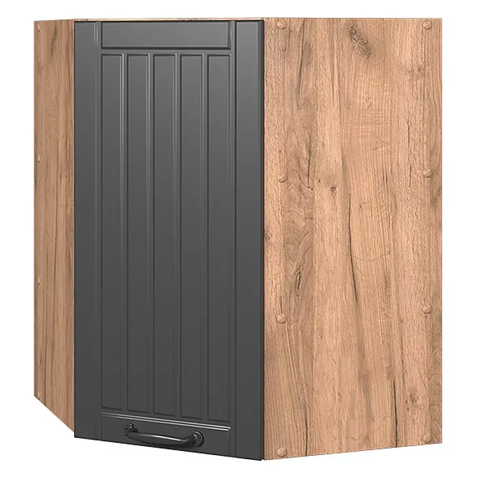 Vicco Schrankküche Fame-Line Dunkelgrau - Dunkelgrau, Eckhängeschrank 57 cm - Eckküchenschrank mit dunkelgrauer Paneeltür und hellen Holzmaserungsseiten, mit schwarzem Griff.