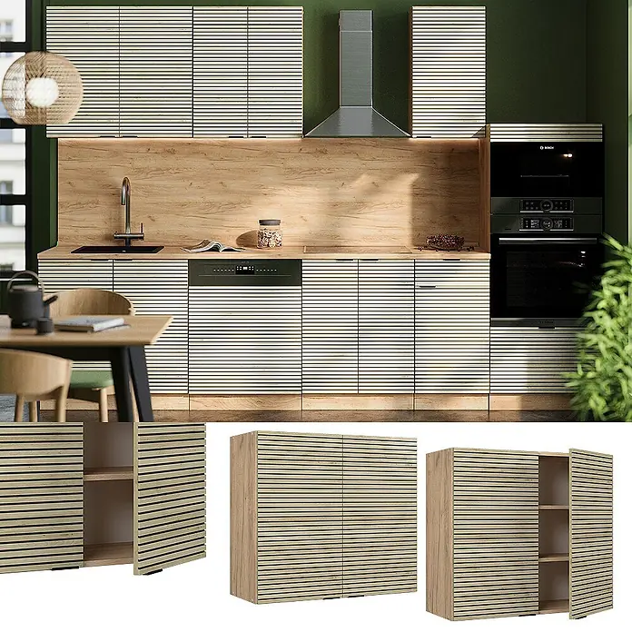Vicco Schrankküche Fame-Line Eiche Paneel - Eiche Paneel, Hängeschrank 80 cm - Helle Holzlamellen-Küchenschränke und Unterschränke, teilweise geöffnet, in einer modernen Küchenumgebung.