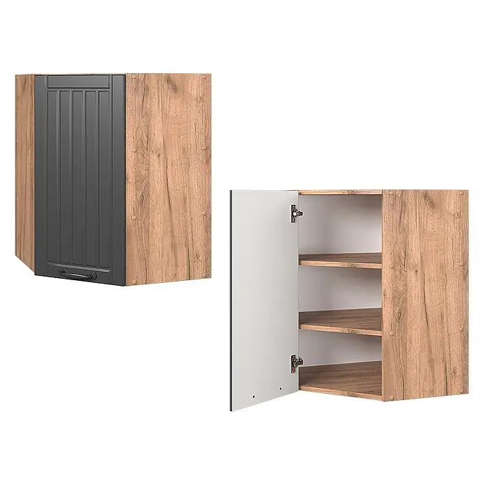 Vicco Schrankküche Fame-Line Dunkelgrau - Dunkelgrau, Eckhängeschrank 57 cm - Eckhängeschrank mit dunkelgrauer Rillentür und heller Holzoptik, offen mit Regalböden gezeigt.