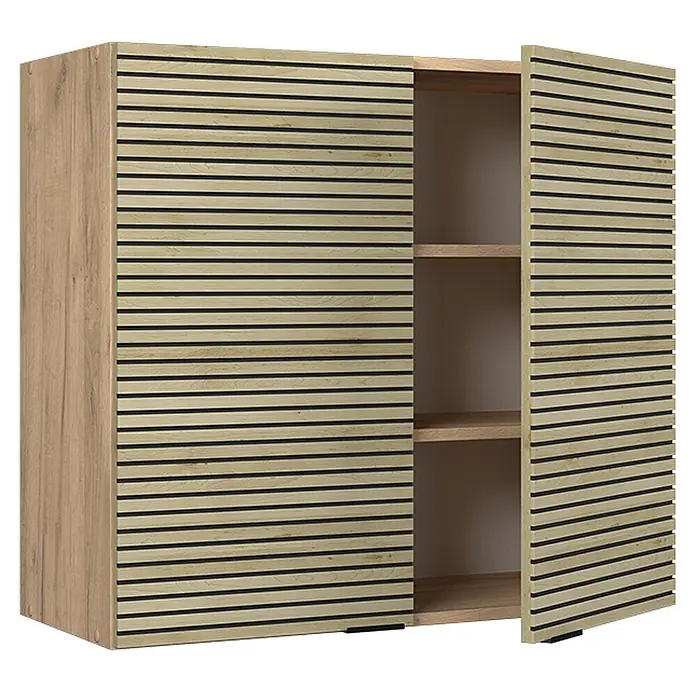 Vicco Schrankküche Fame-Line Eiche Paneel - Eiche Paneel, Hängeschrank 80 cm - Heller Holzschrank mit zwei Lamellentüren, eine leicht geöffnet zeigt Innenregale.